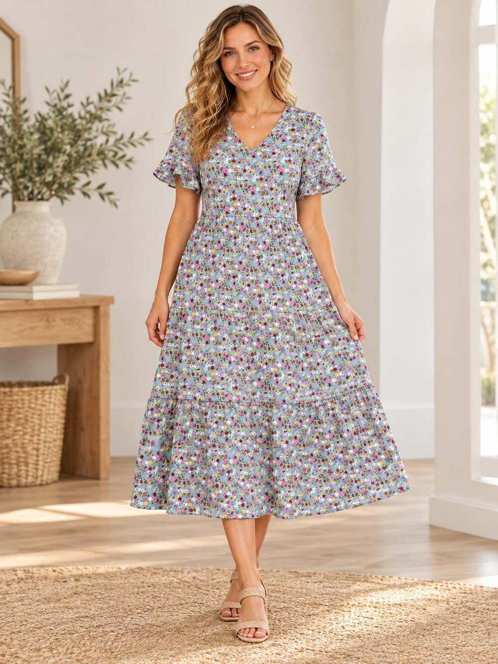 ELINGS Floral Maxi Dress Blue Tiered Flutter Sleeve V Neck Size S NWT